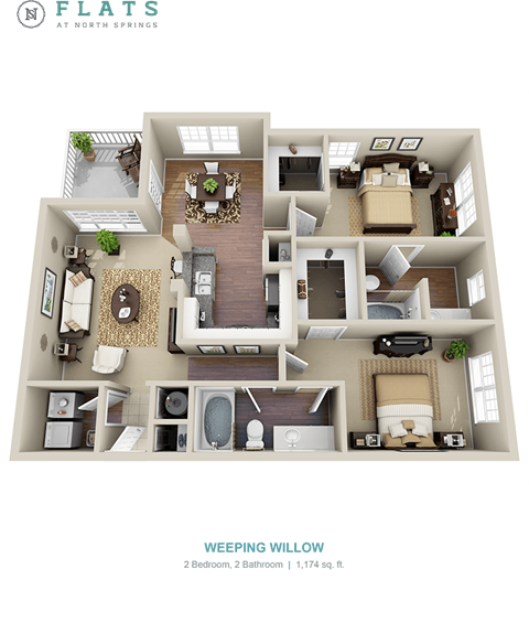 A floor plan of a 1,174 square foot home with two bedrooms and two bathrooms.